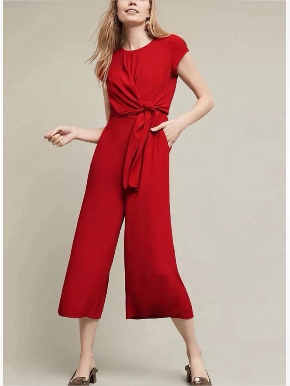 Anthropologie Maeve 0‎ Red Grier Tie Waist Wide Leg Ankle Crop Jumpsuit